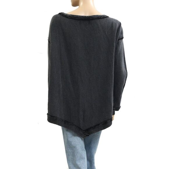 Free People Conrad Pullover Sweatshirt Top Off Shoulder Cotton Black S 283627 - Picture 6 of 8